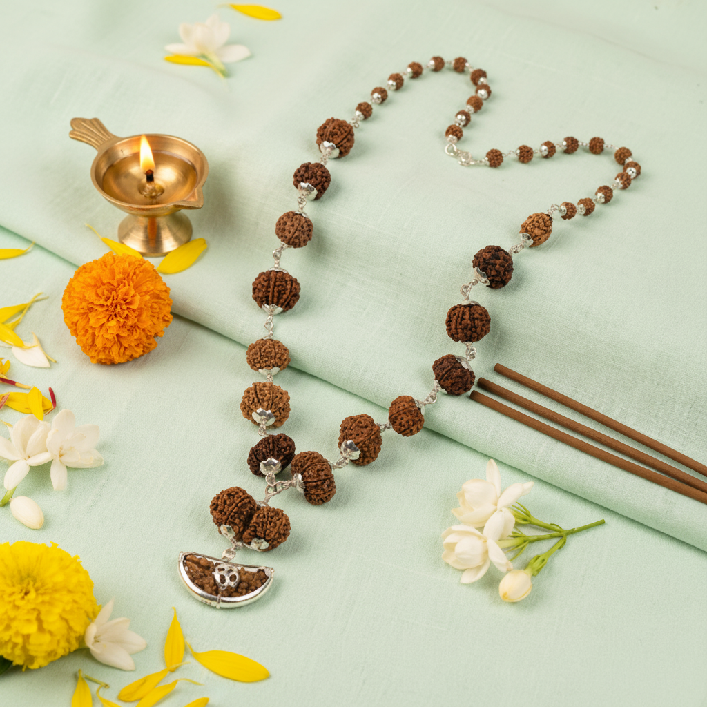 1-14 Mukhi Rudraksha Mala - Clean Pastel Background