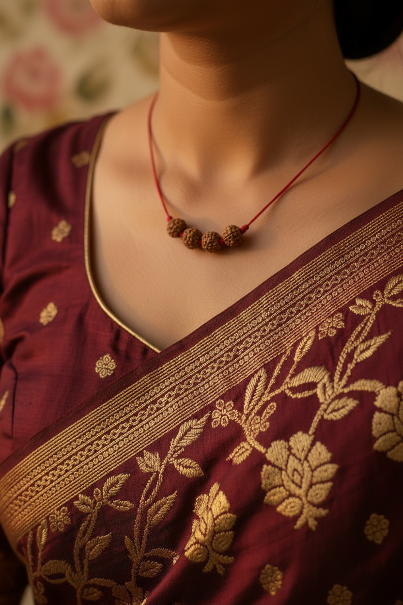 4 Bead Mala Maroon Saree Front