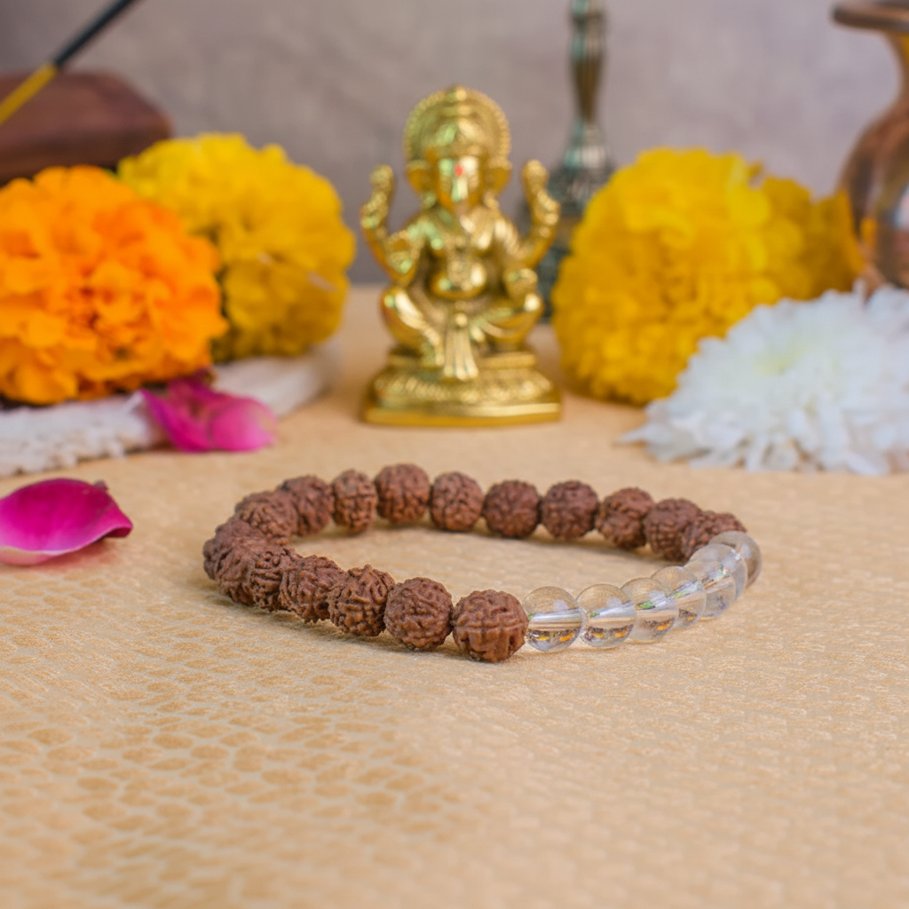 5 Mukhi Rudraksha Bracelet With White Crystals - Lakshmi Ganesh