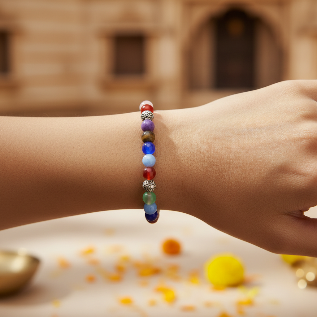7 Chakra Unisex Bracelet Lifestyle Photo - Worn on Wrist