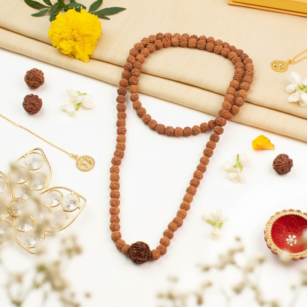 7 Mukhi Rudraksha Bead in 5 Mukhi Rudraksha Mala - Aesthetic Background