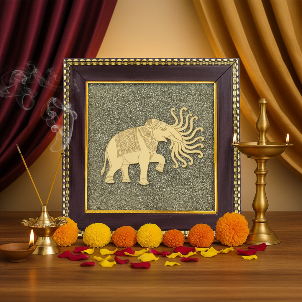 7 Trunk Elephant Airavata with aesthetic temple background