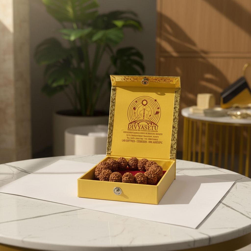 8 Mukhi Rudraksha Bracelet in DivyaSetu Gold Box - Lifestyle Photography