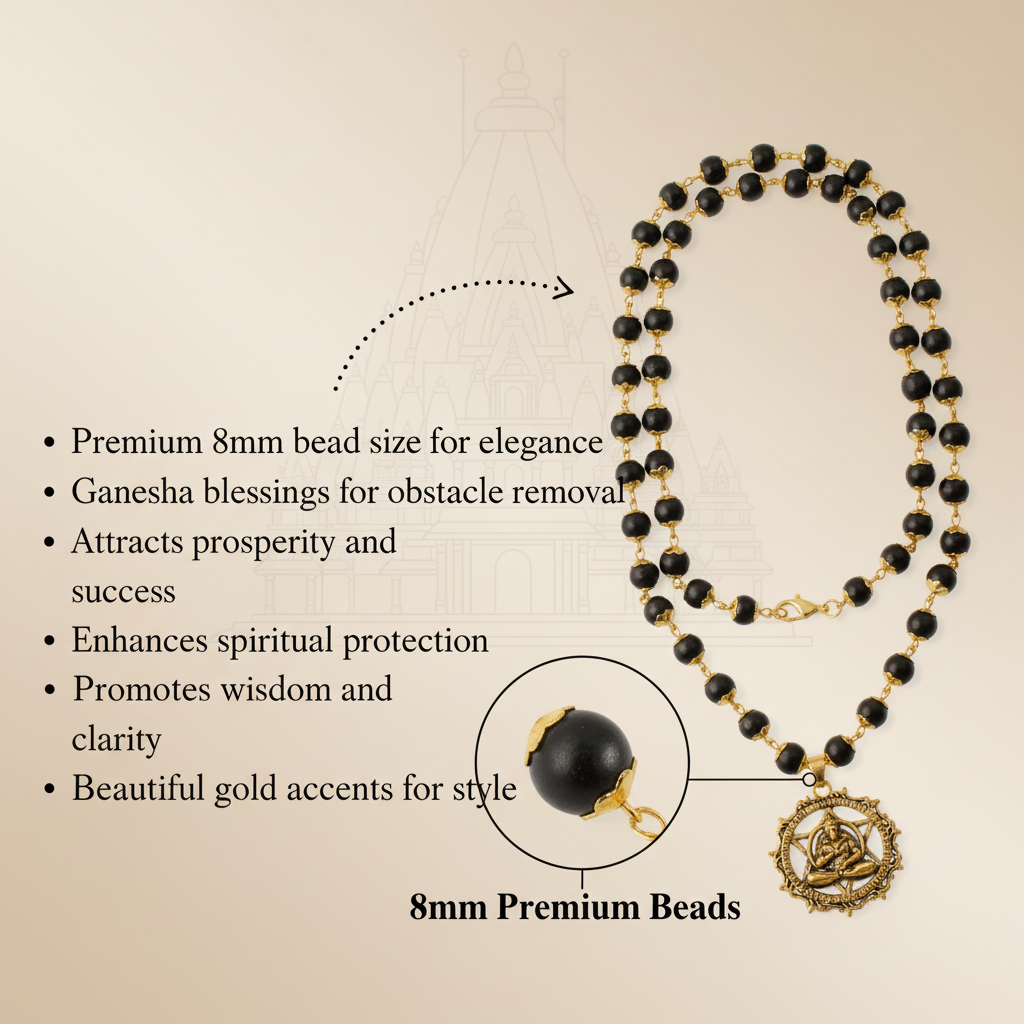 8mm Black and Gold Ganesha Necklace Benefits with Bead Detail