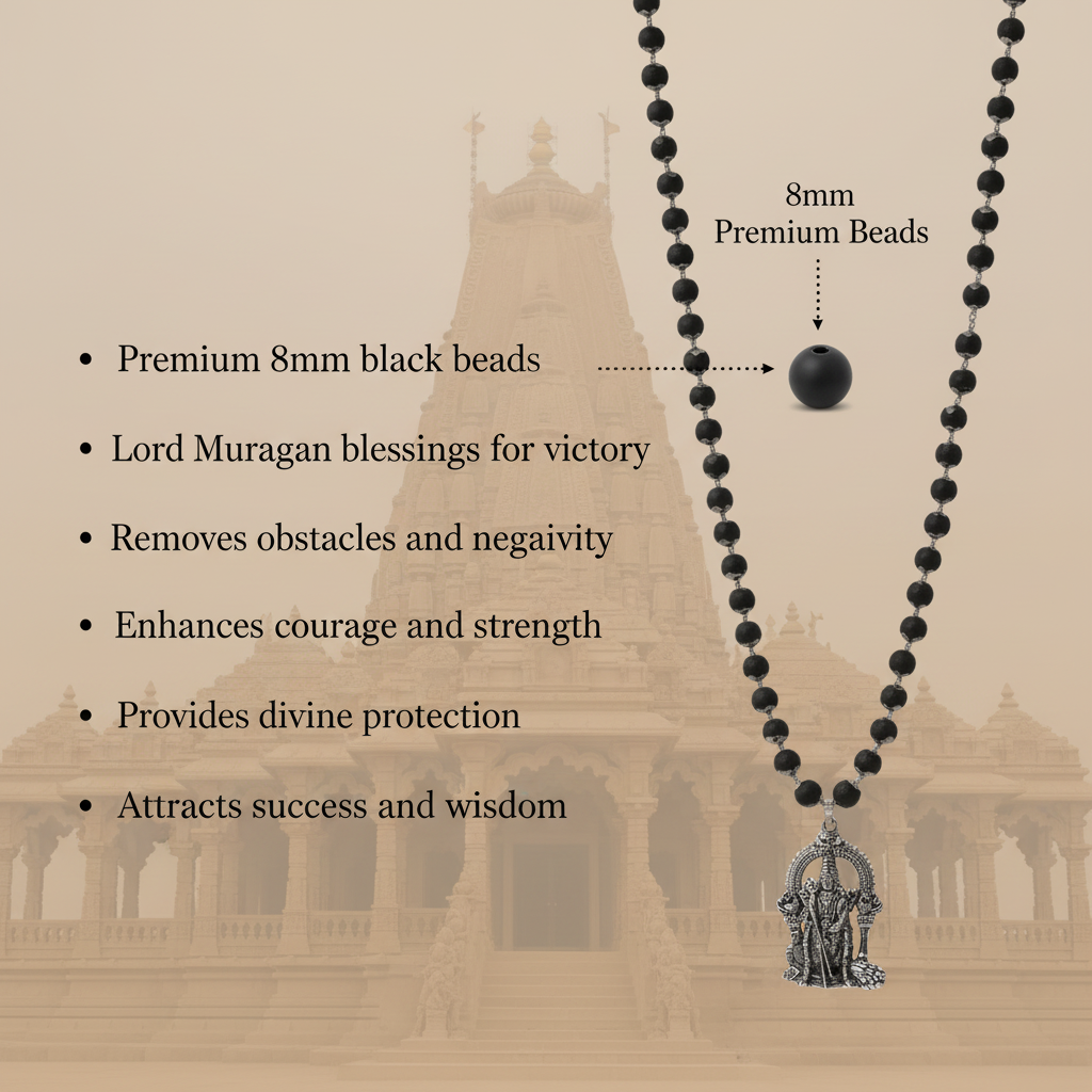 8mm Black Bead Lord Murugan Necklace Benefits with Bead Detail