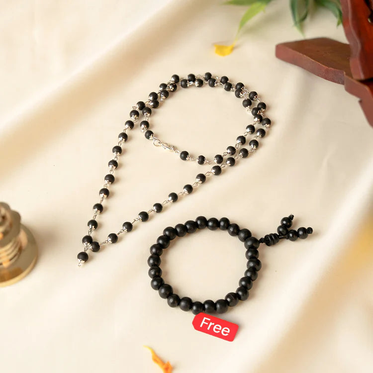 Silver Capped Karungali Mala – with Free Karungali Bracelet
