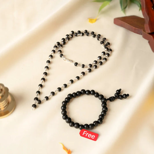Silver Capped Karungali Mala – with Free Karungali Bracelet