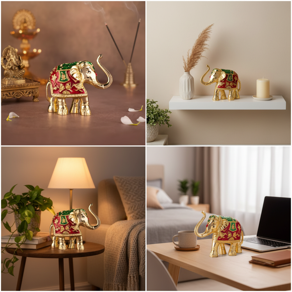 Airavat Dhan-Vridhi Elephant Idol - 4 Room Settings Collage