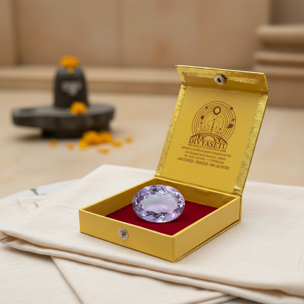 Amethyst Stone in DivyaSetu Gold Box - Clean Product Shot