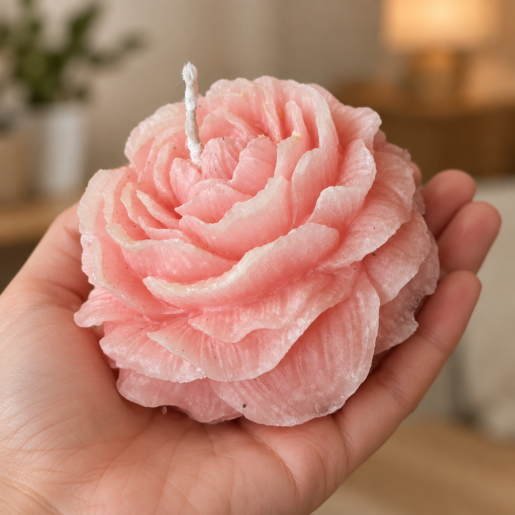 Baby pink rose candle held in hand