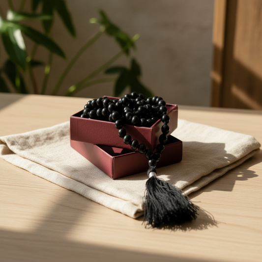Black Beaded Mala in Gift Box - Lifestyle Photography