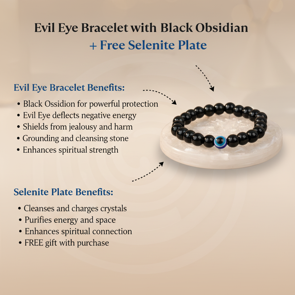 Black Obsidian Evil Eye Bracelet + Free Selenite Plate Benefits