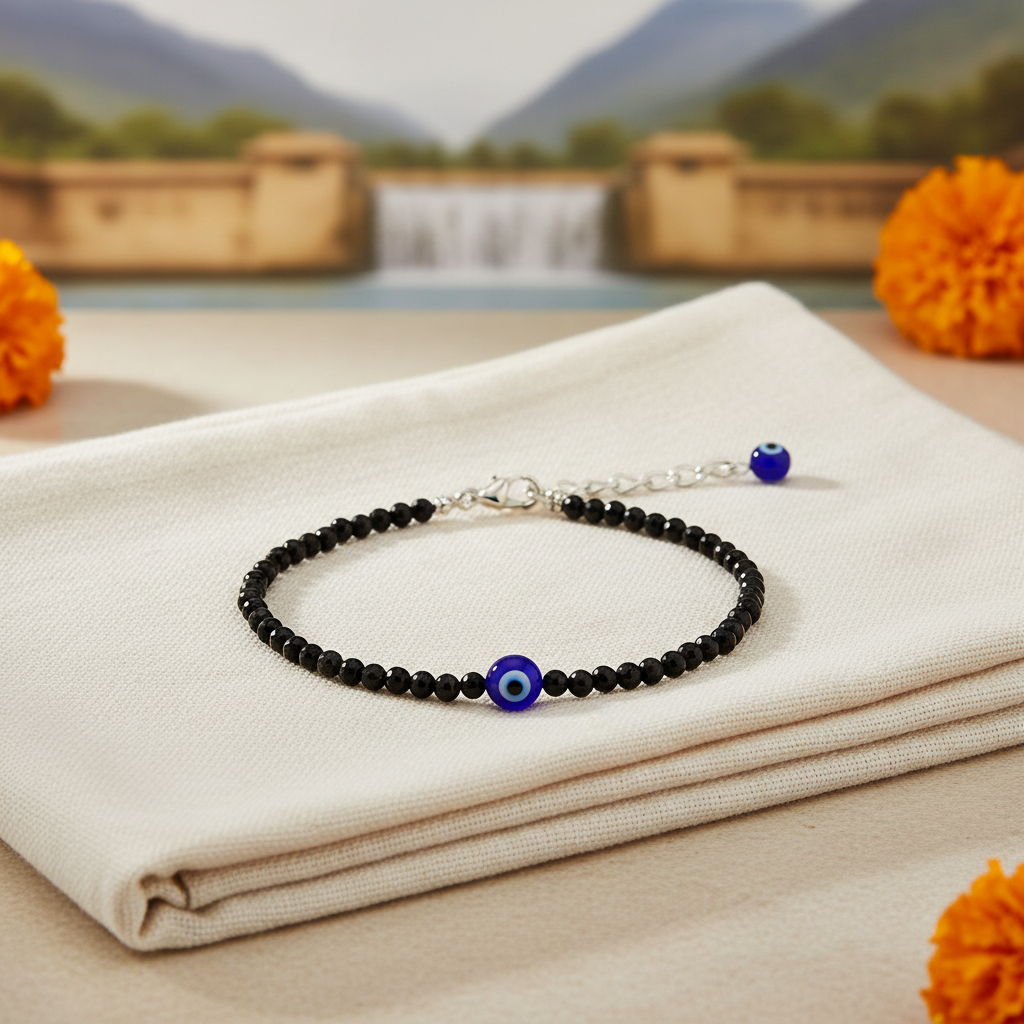 Black Tourmaline Anklet with Evil Eye Charm Product Photo