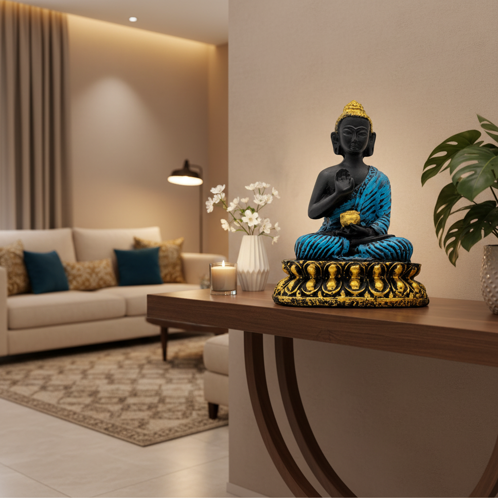 Blue Buddha Murti in Living Room