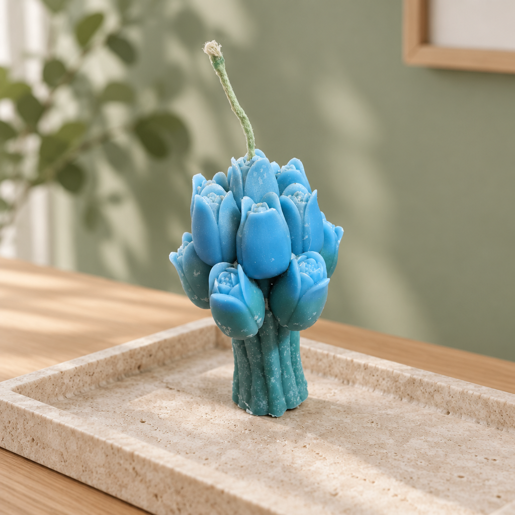 Blue Tulip Candle in a soft home décor setting