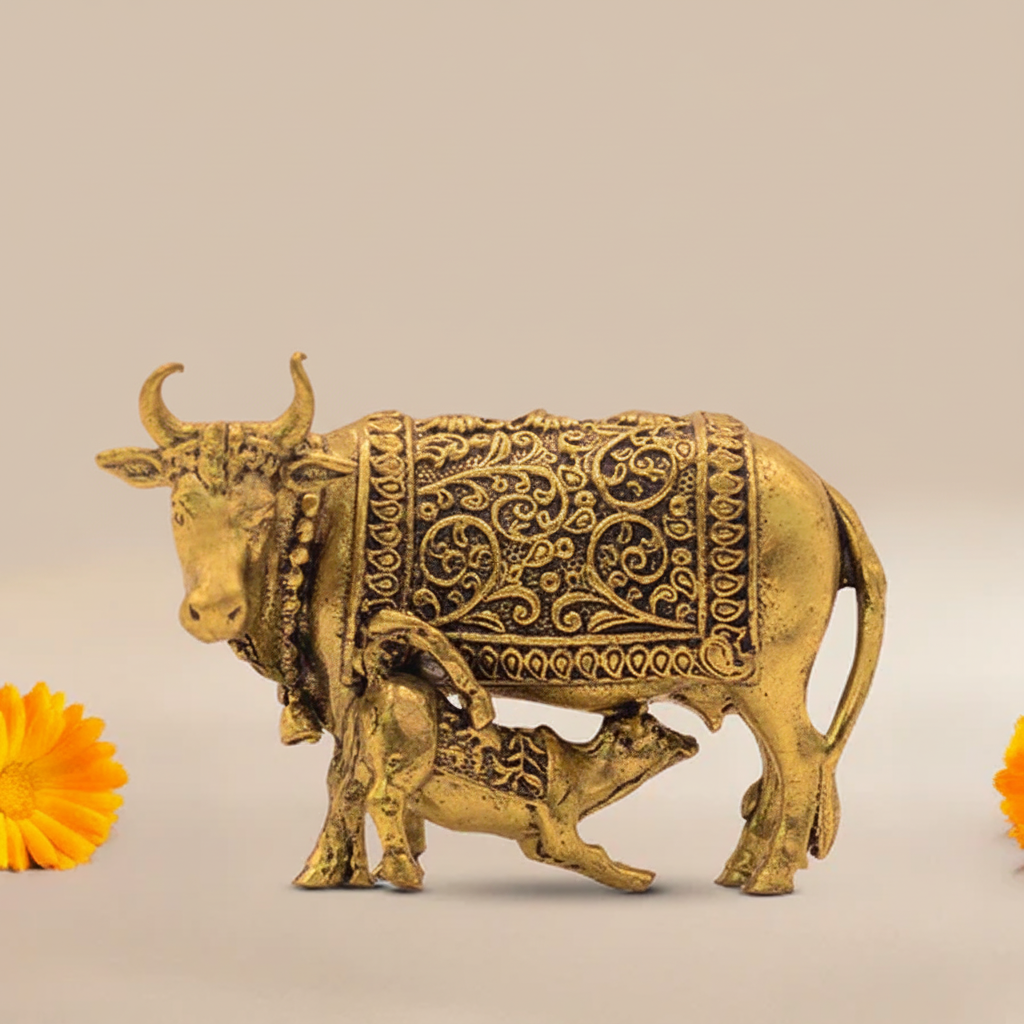 Brass Kamdhenu Cow with beige background