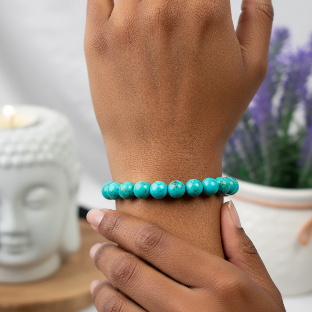 Brown-skinned woman wearing Turquoise bracelet - wrist shot
