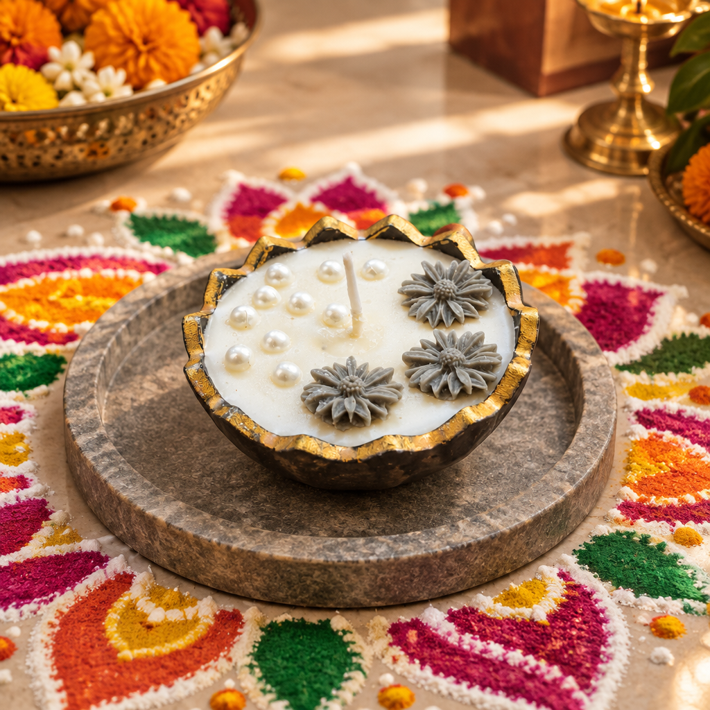 Candle beside a rangoli