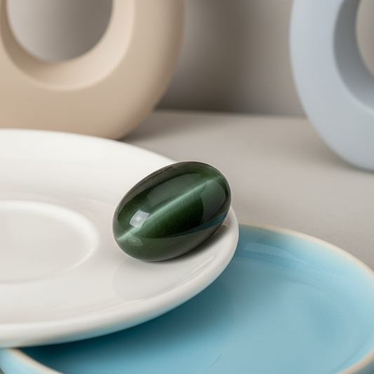 Cat's Eye Lehsuniya - On White and Sky Blue Plates