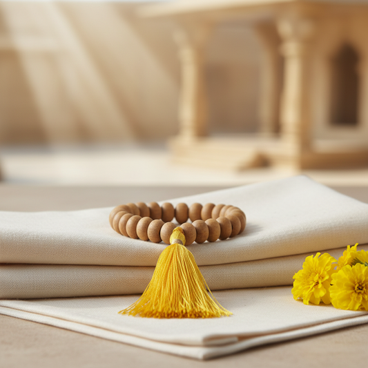 Chandan Sandalwood Bracelet with Yellow Tassel - Premium with Flowers