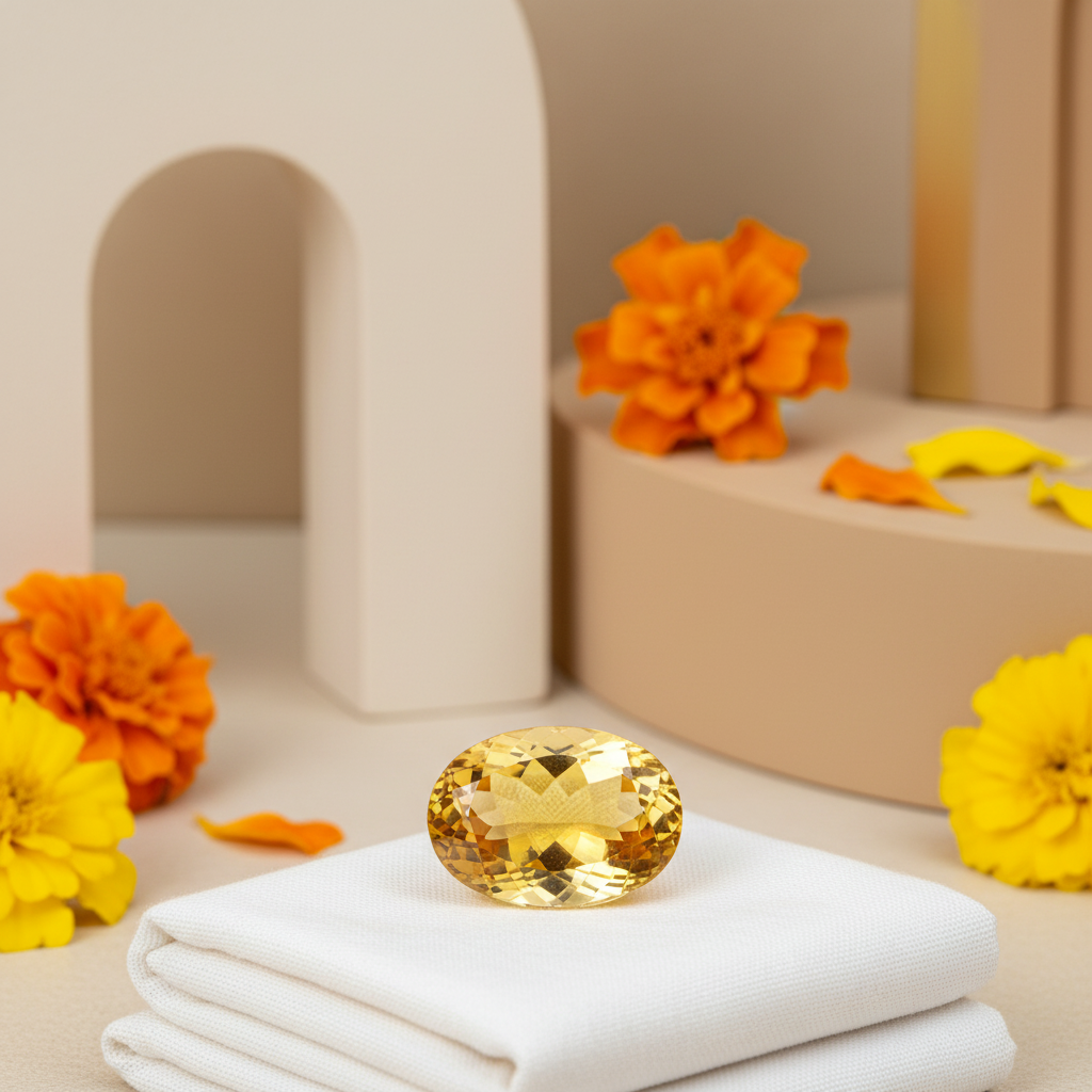 Citrine Sunela - White Cloth with Marigolds and Abstract Background