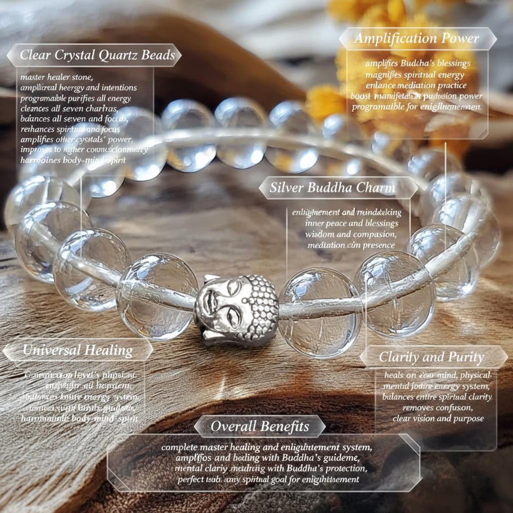 Clear Crystal Quartz bracelet with Buddha charm benefits