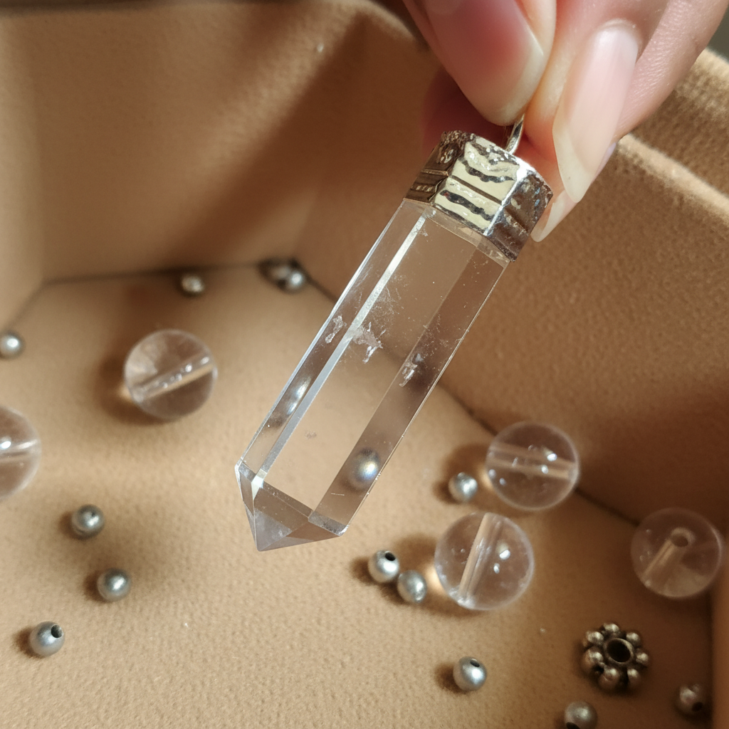 Clear Quartz Pendant - Angled with beads