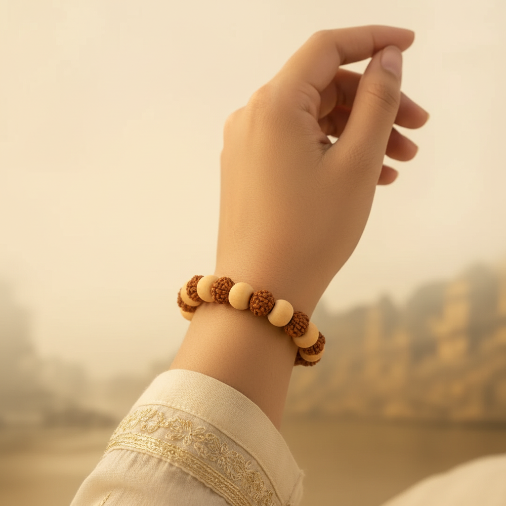 Close-up of Woman's Wrist Wearing Rudraksha and Tulsi Bracelet