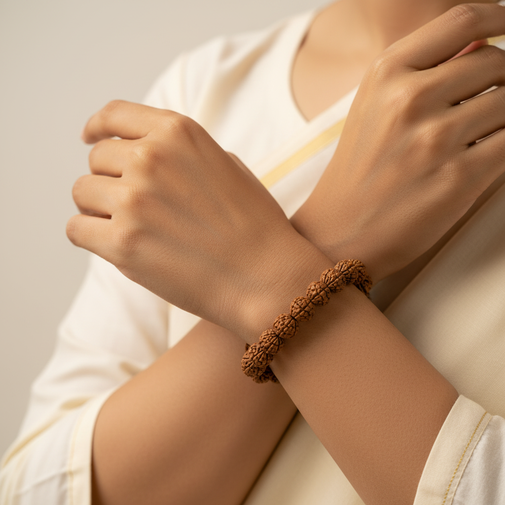 Close-up of Woman's Wrist Wearing Rudraksha Bracelet