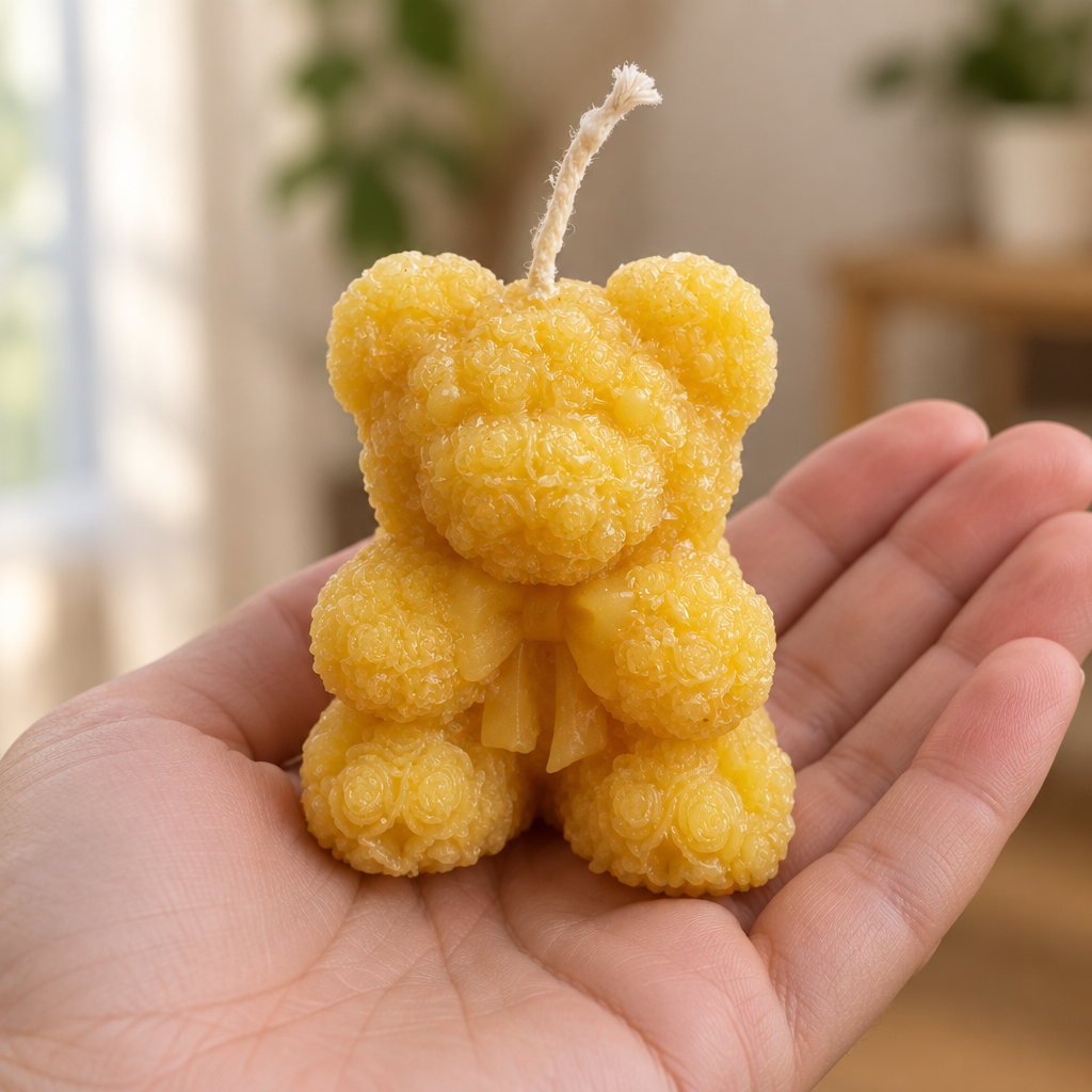 Darker golden-yellow Teddy Candle held in an open hand