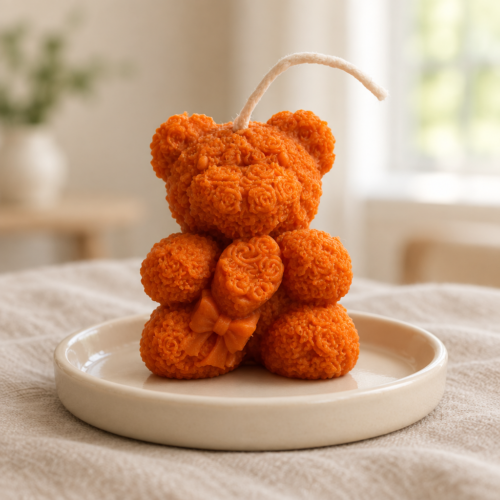 Darker orange Teddy Bear Candle with beige linen