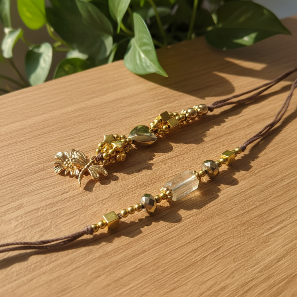 Dhan Yog Rakhi Set Close-up - Plants & Wood BG