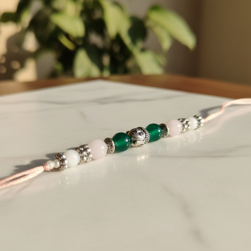 Divya Green Jade Rose Quartz Rakhi Flat - BG Changed