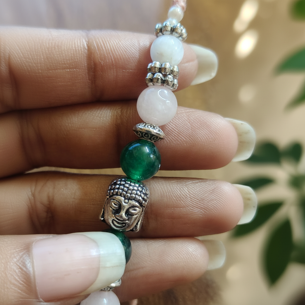 Divya Green Jade Rose Quartz Rakhi Macro - BG Changed
