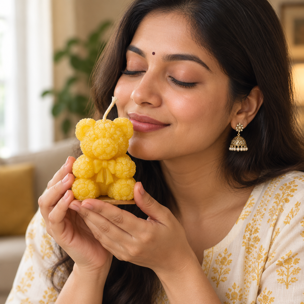 Ek adult ladki golden-yellow teddy candle haath mein lekar uski khushboo soonghte hue