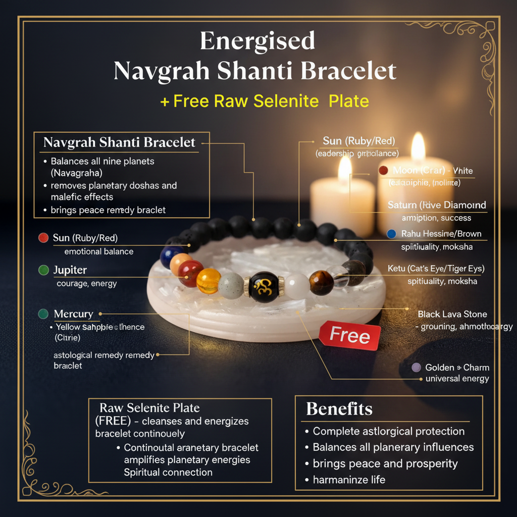 Energised Navgrah Shanti Bracelet with FREE Selenite Plate benefits