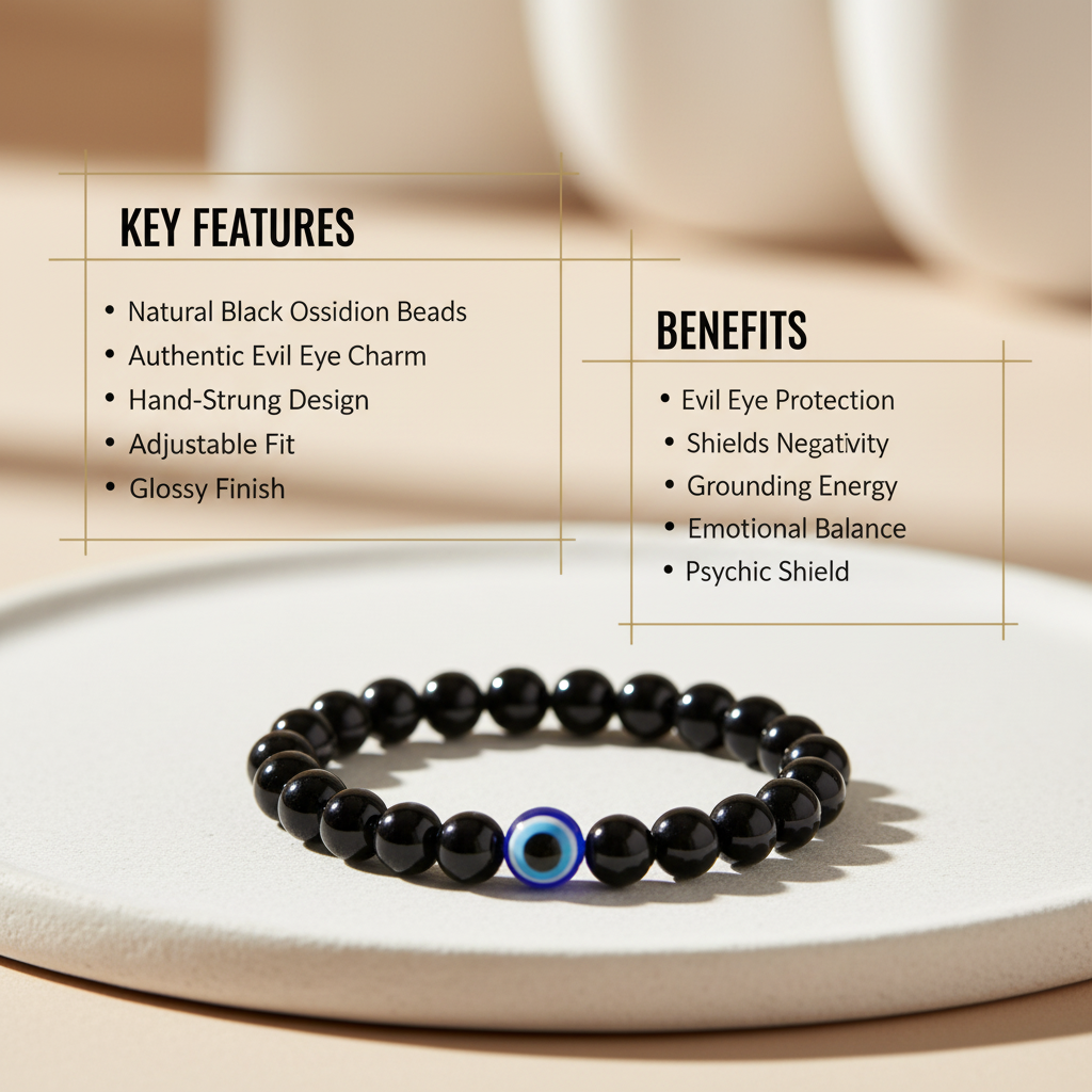 Evil Eye Bracelet with Black Obsidian - Single Bracelet with Features