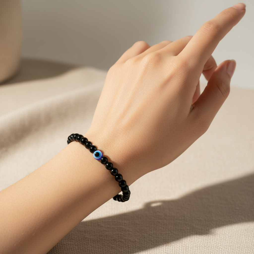 Evil Eye Bracelet with Black Obsidian - Worn on Hand