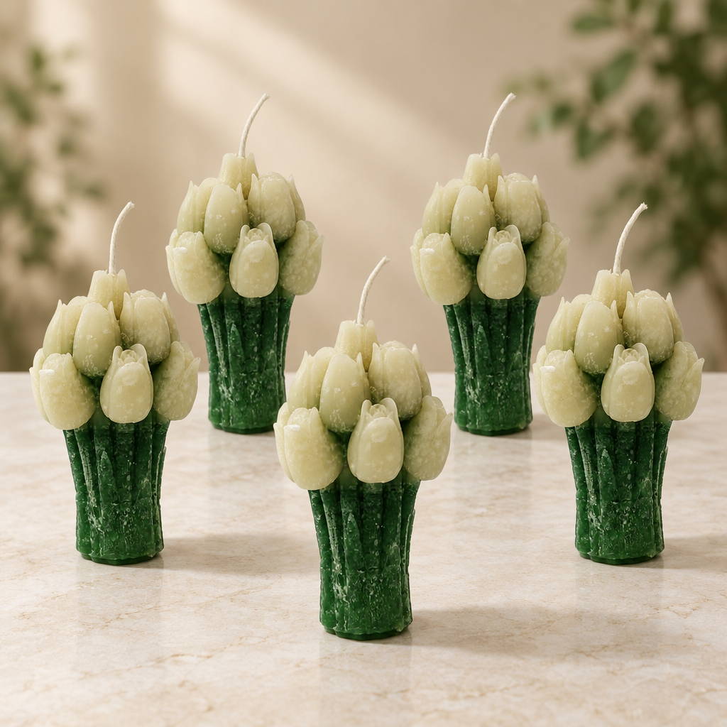 Five tulip candles in a warm neutral setting