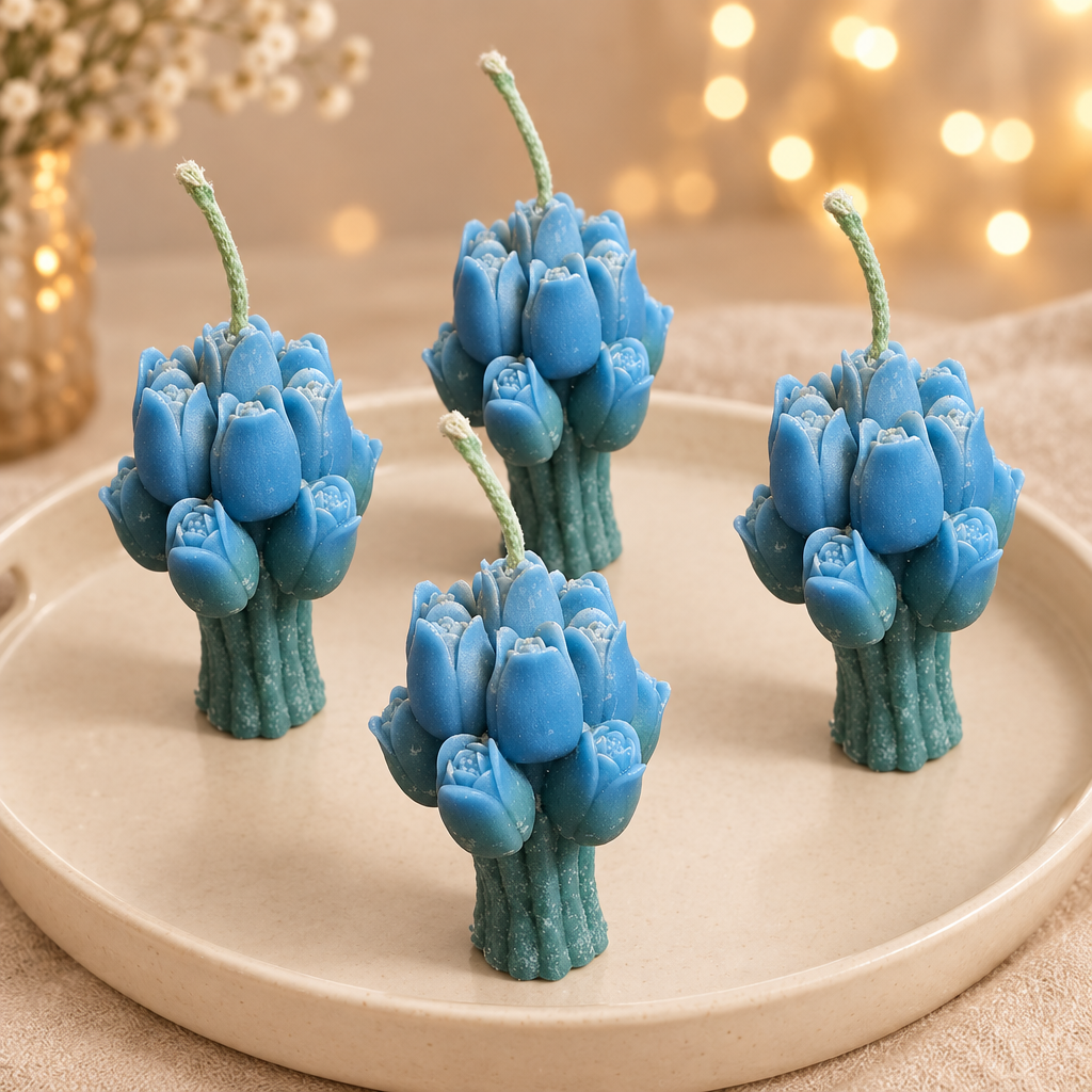 Four Blue Tulip Candles styled together