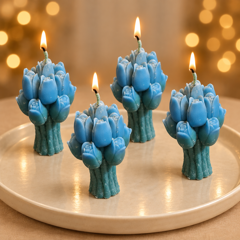 Four burning Blue Tulip Candles