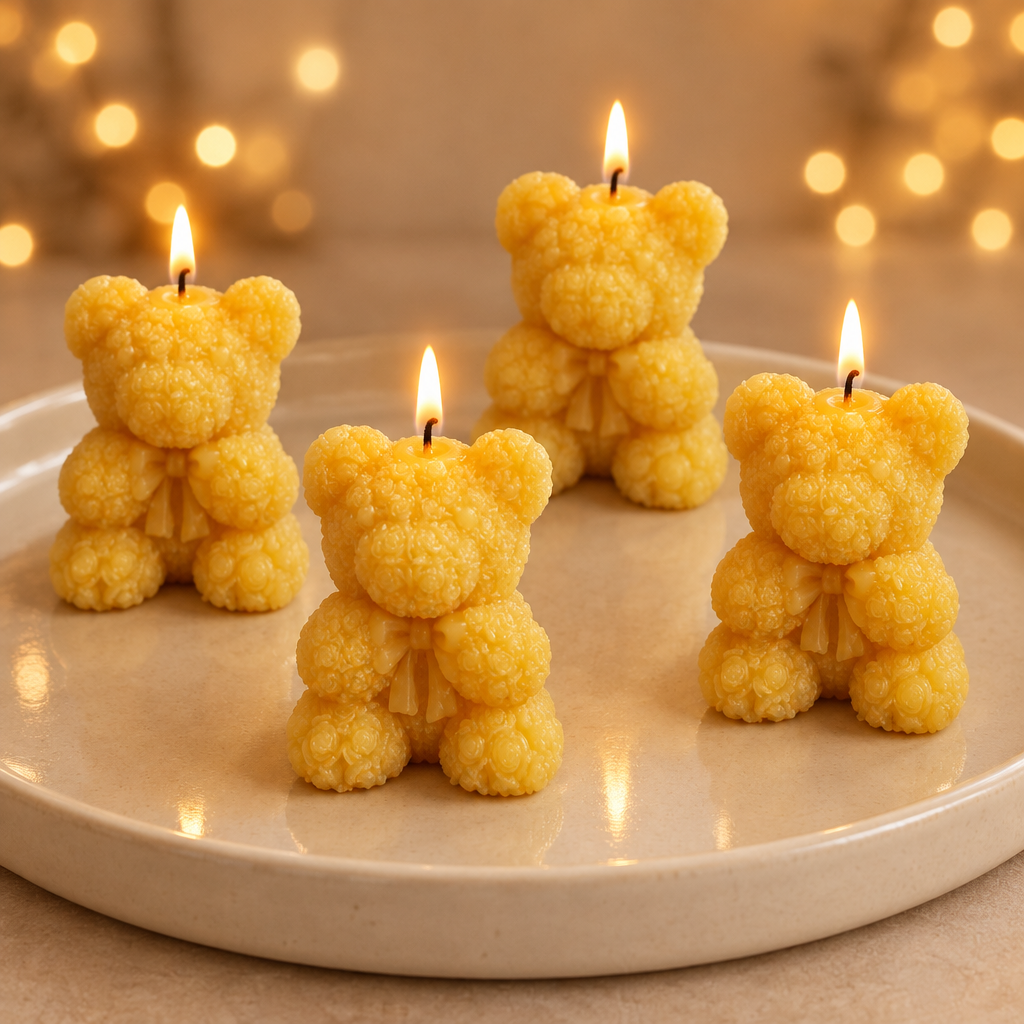 Four burning golden-yellow Teddy Candles
