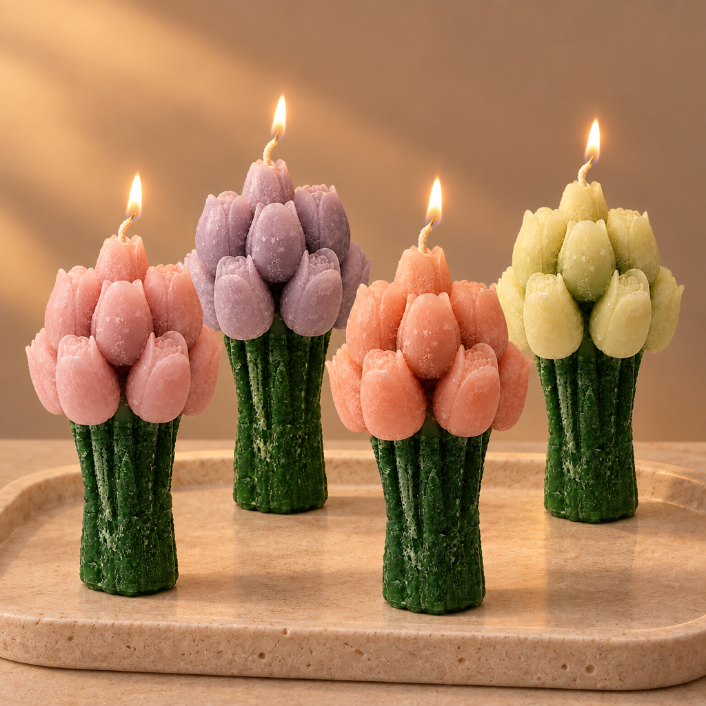 Four lit multicolor tulip candles