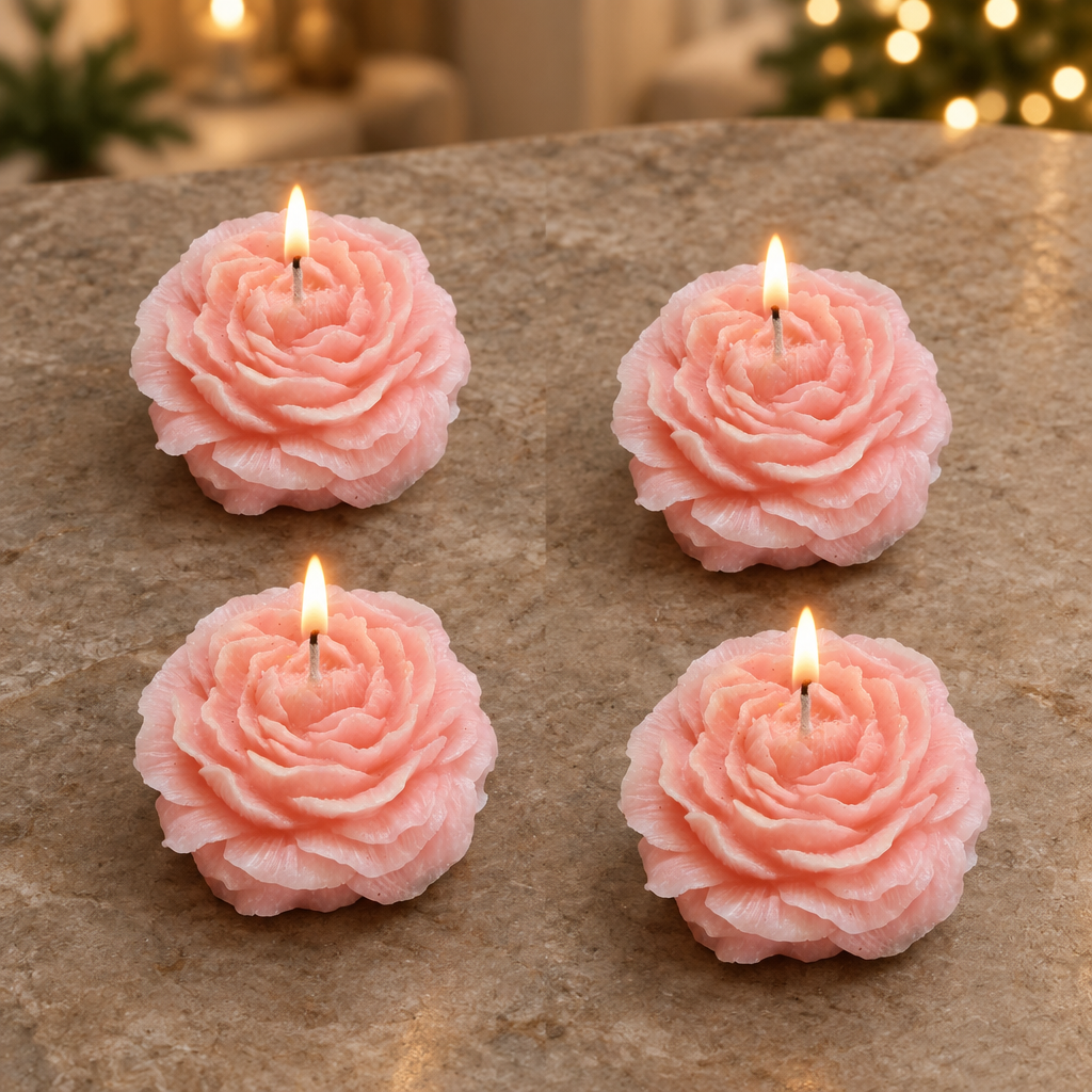Four pink rose candles burning together in one image