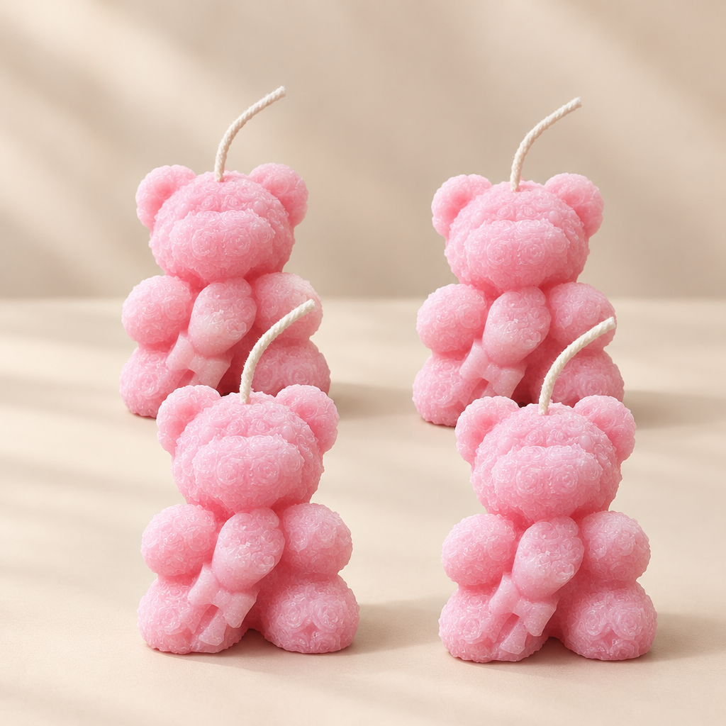 Four pink teddy candles in one frame
