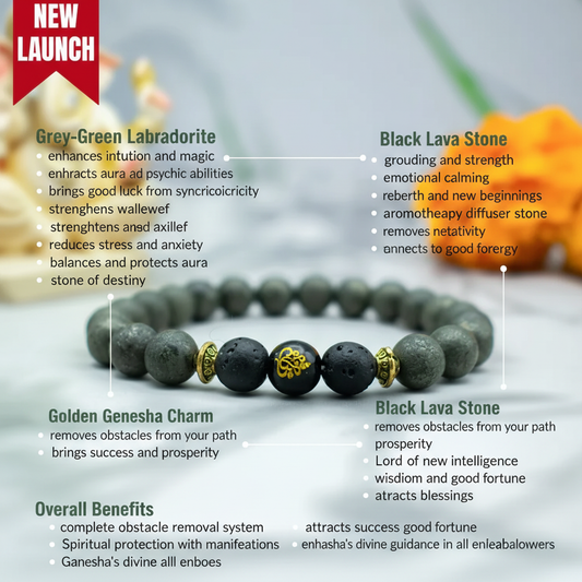 Ganesha bracelet with Labradorite and Lava Stone benefits