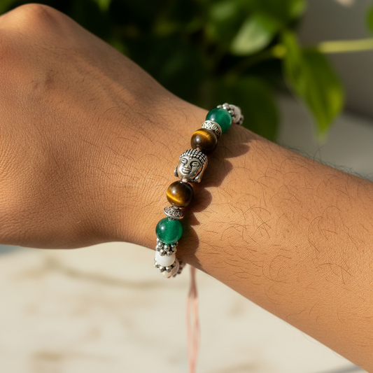 Green Jade Tiger Eye Moonstone Rakhi on Man's Wrist