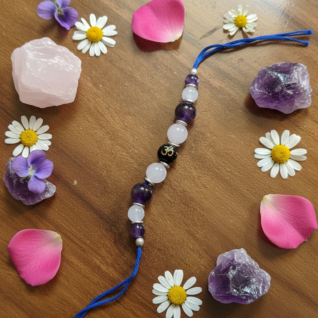 Growth & Love Rakhi - Close-up OM Bead with Raw Stones & Flowers