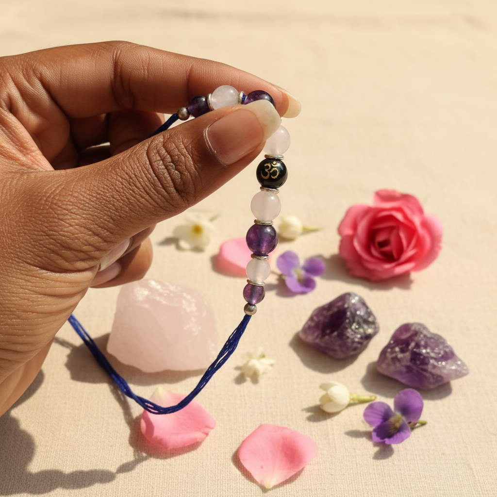 Growth & Love Rakhi - Held in Fingers with Raw Stones & Flowers