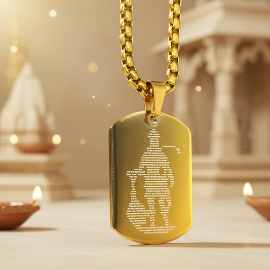 Hanuman Chalisa Gold Pendant with minimal temple background